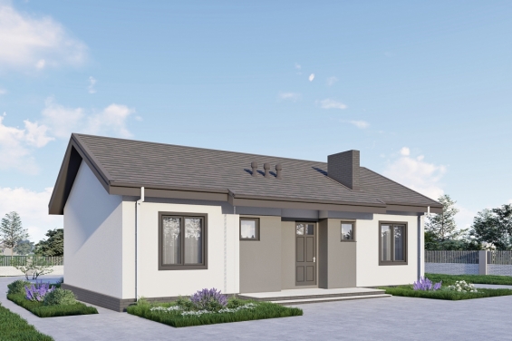 Rg6327 - Одноэтажный дом с террасой, тремя спальнями и отделкой штукатуркой.