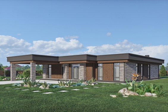 Rg6468 - Одноэтажный дом с плоской кровлей, навесом для автомобилей и террасой